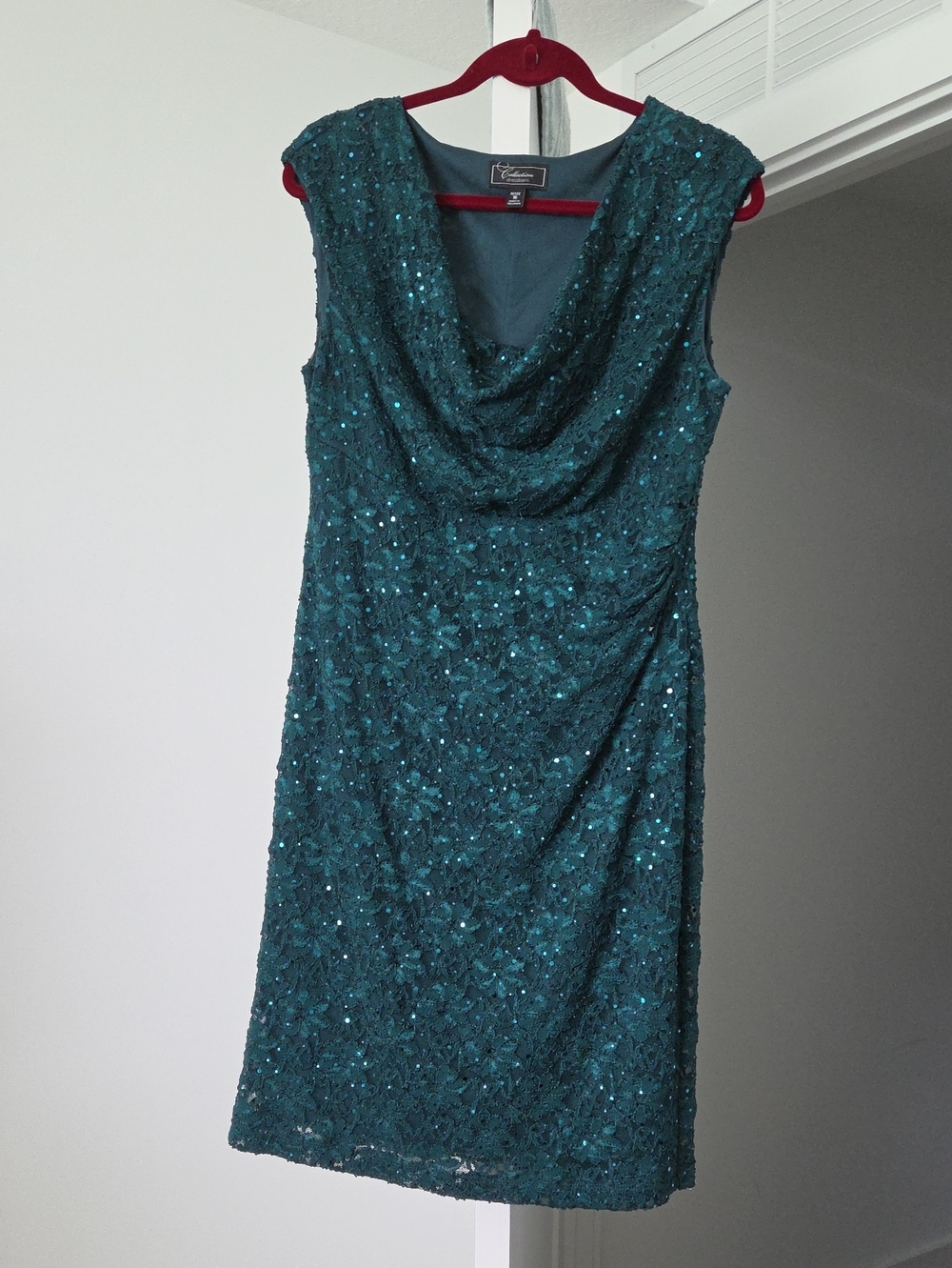 Adrianna Papell Teal Green Lace Sequin Cowl Neck Dress